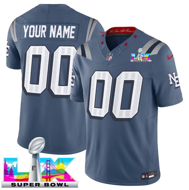 Youth New England Patriots Active Player Custom Storm Blue 2025 F.U.S.E. Super Bowl LX Patch “Rivalries” Vapor Limited Stitched Football Jersey
